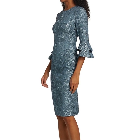 Theia Cloque Bell Sleeve Cocktail Dress 12 French Blue Back Zip Lightweight $695 - Picture 3 of 10